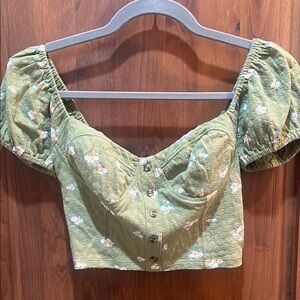 Billabong Green Puff Sleeve Crop Blouse